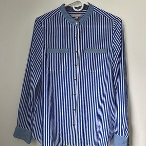 Blue and white striped button up silk shirt by Banana Republic. Size S.